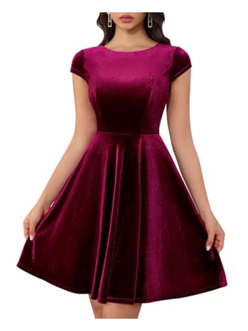 Velvet Cocktail Party A-line Dress Cap Sleeve V-Neck Knee Length Swing